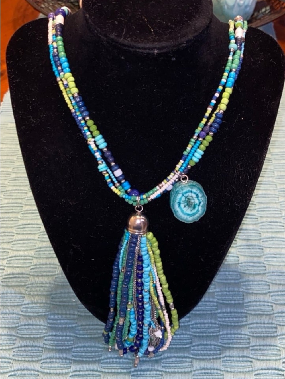 Handmade Blue & Green Beaded Tassel Necklace with Agate Pendant